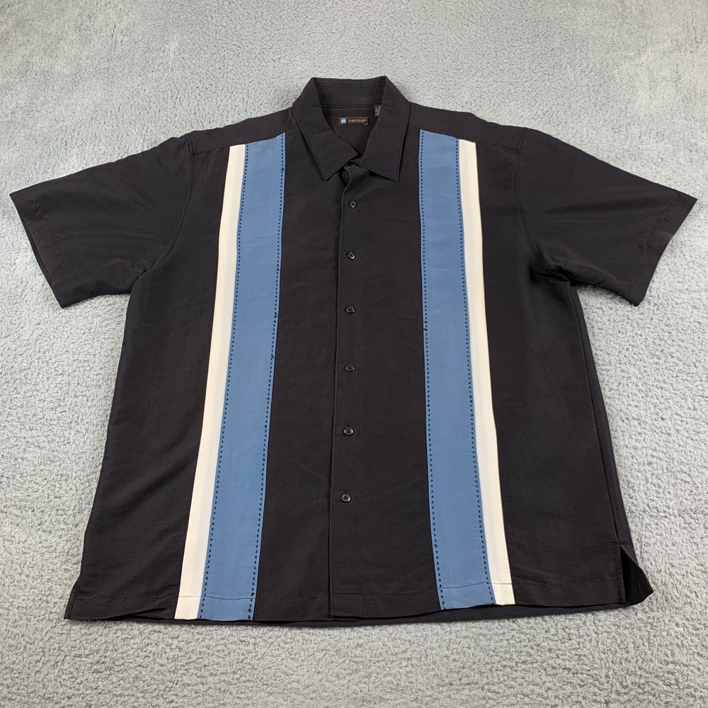 Centro Shirt Mens‎ XL Black Blue Stripes Rayon Blend Lounge Bowling Bowler